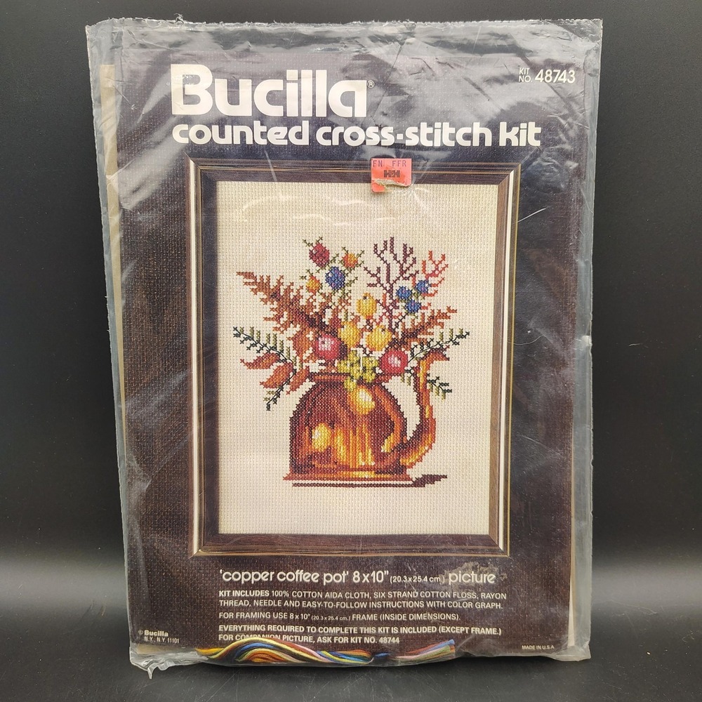 Vintage Bucilla Cross Stitch Kit Copper Coffee Pot 8x10 Floral Still Life Vtg